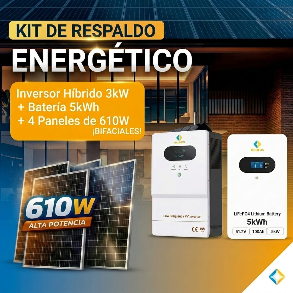 Kit Inversor 3KW con respaldo de Batería de 5KW, 4 Paneles de 610 W Bifacial con accesorios.